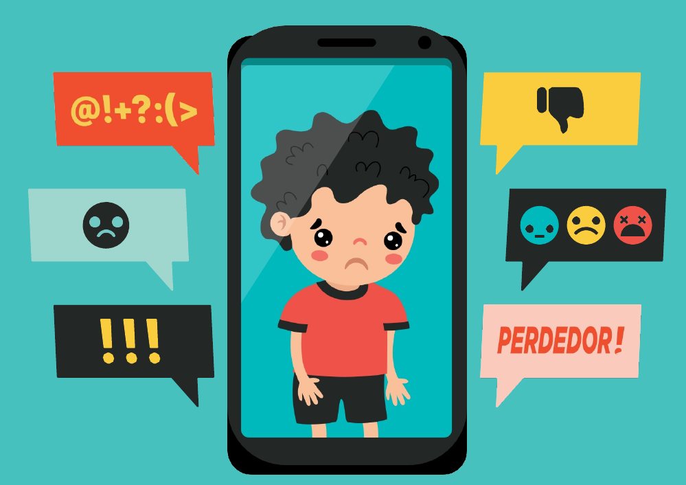 Un chico triste en la pantalla de un celular rodeado de burlas como «PERDEDOR!»